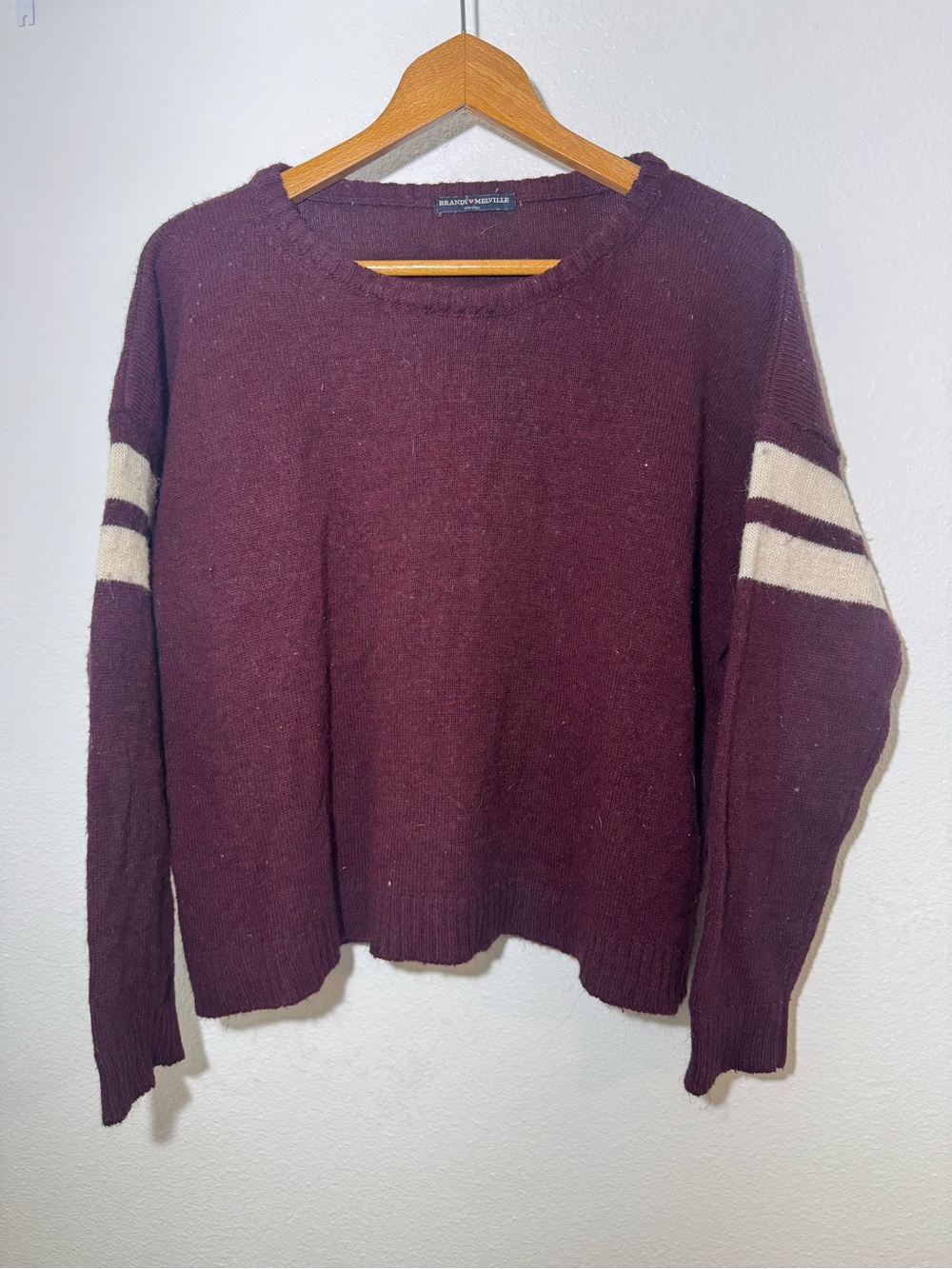 Brandy Melville Women's Burgundy Crewneck Sweater with Cream Stripe